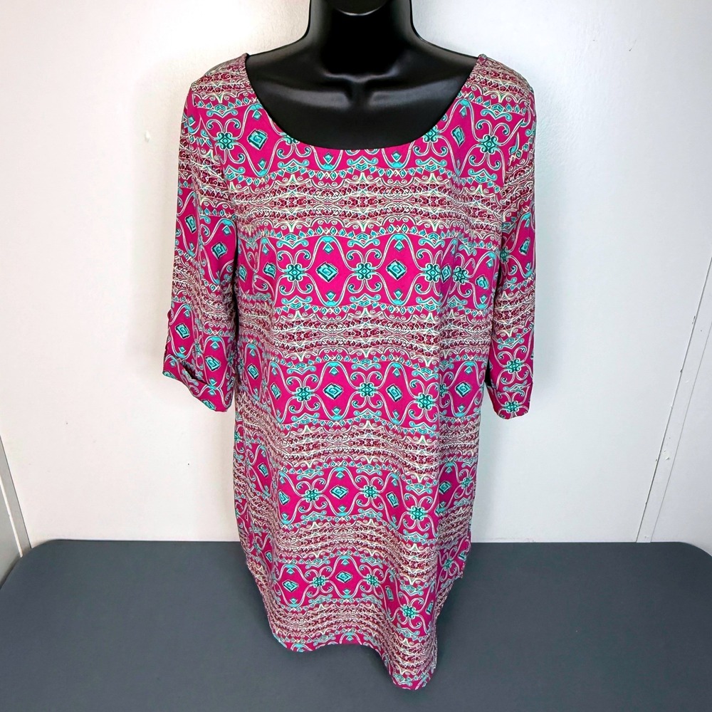 Pink Owl Dress Womens Small Shift 3/4 Sleeve Magenta Teal Geometric Boho